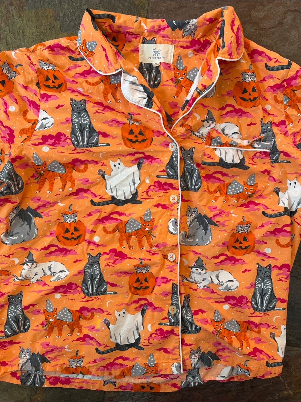 Printfresh Orange Halloween Cat Pajama Top youth XL top only